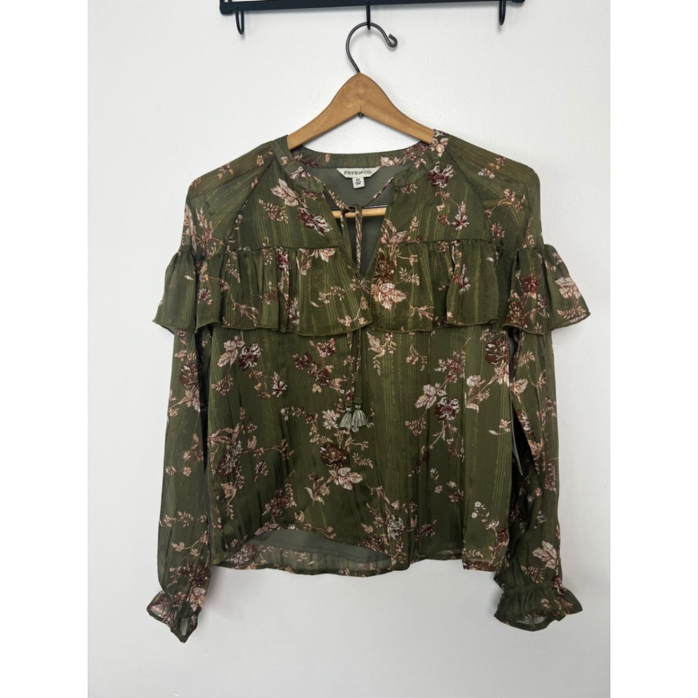Frye and Co Womens Burnt Olive Floral Lurex Ruffle Blouse XS NWT